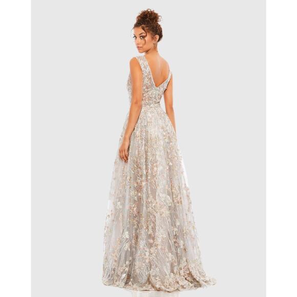 New Mac Duggal Sz 12 pink flower floral glitter Embroidered Illusion V-Neck Gown - Picture 3 of 11